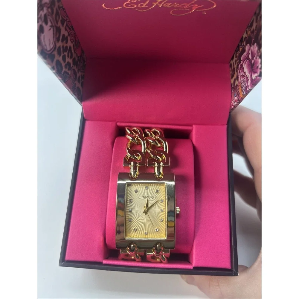 NIB Ed Hardy Women's Gold Chain Link Watch Rectangular Dial Crystal Markers